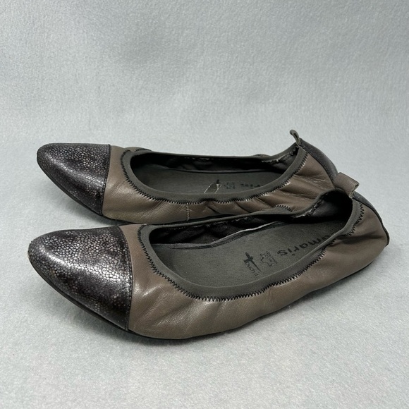 Tamaris Ballet Flats Brown Leather Cap Toe Slip On Shoes Women’s Size 41 US 9.5 - Picture 1 of 12